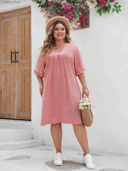 Robes décontractées de base 3xl 4xl Plus Taille Vêtements Femmes Summer en V Very Loose Long Robes Casual Solid Courte Couche élégante Femme Robe midi L49