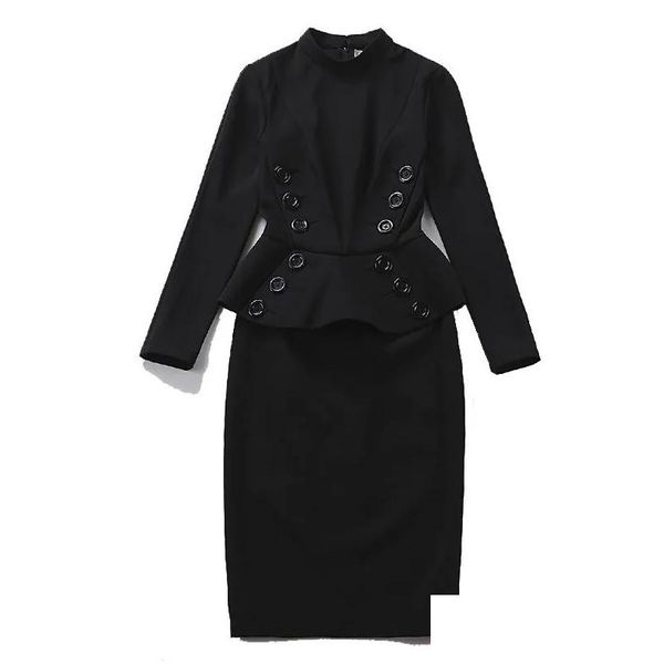 Robes décontractées de base 40 - Femmes Vintage 50s Elegant Elegant à manches longues Peplum Wiggle Robe crayon en vestidos de pin-up noir plus taille Jurken Dro Dhx2o