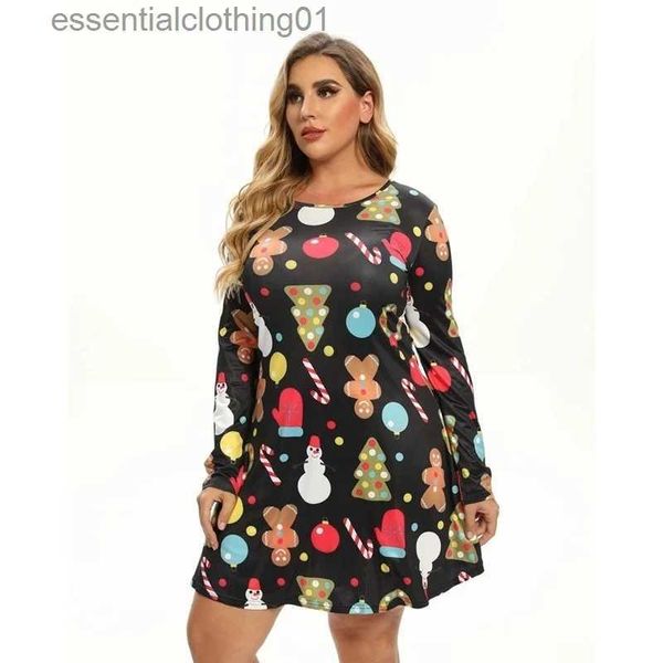 Vestidos casuales básicos 5XL Tallas grandes Otoño Invierno Vestido de Navidad Fiesta de Año Nuevo Festival Vestido familiar Mujeres Impresión de dibujos animados Manga larga Vestidos casuales L230918