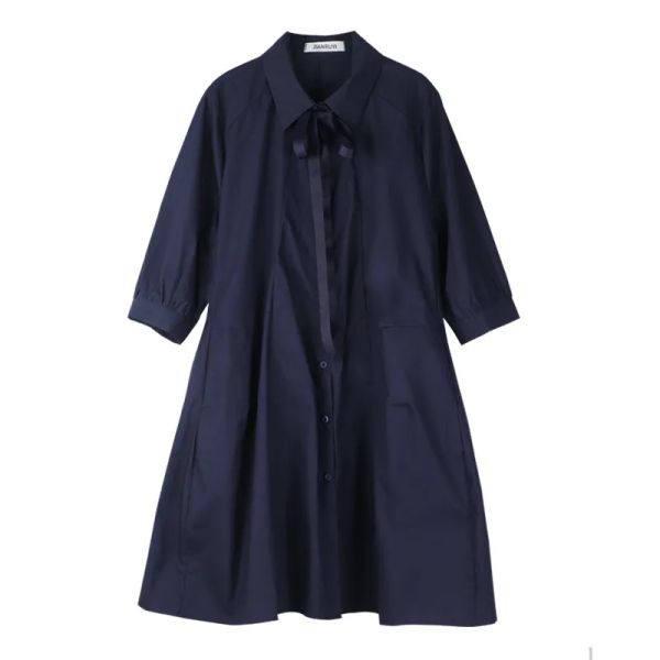 Robes décontractées de base 7850 Jry nouveau printemps femmes robes de Style de mode européenne col rabattu demi manches simple boutonnage ample chemise décontractée robe Deep Bl