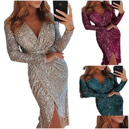 Robes décontractées de base 8 couleurs automne paillettes midi plus taille robe costume à manches longues fête de Noël femmes club crayon or col en V goutte Dhwyt