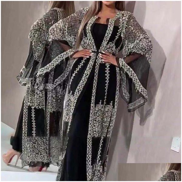 Vestidos casuales básicos Abaya Dubai Vestido musulmán Lujo Clase alta Lentejuelas Bordado Encaje Ramadán Kaftan Islam Kimono Mujeres Negro Ma Dh54E