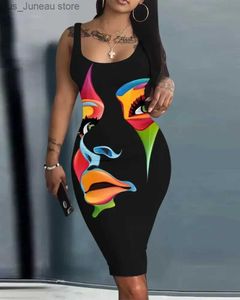 Basic Casual Jurken Abstract Figuur Print Slveless U-hals Bodycon Jurk Vrouwen Lente Zomer Hoge Taille Slanke Schede Mini Jurk T240330