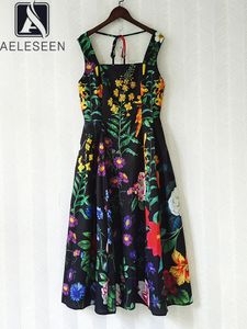 Robes décontractées basiques AELESEEN Bohemian Summer Women Dress Runway Fashion Spaghetti Strap Colorful Flower Print Beading Crystal Black Long Party 230520