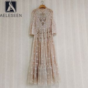 Robes décontractées de base AELESEEN Designer Fashion Maxi Dress Runway Long Flare Sleeve Ruffled Luxury Beading Sequined Mesh Flower Embroidery Dresses 230706
