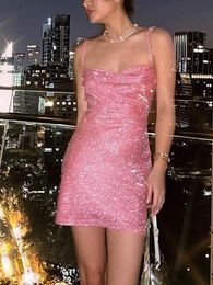 Basic Casual Jurken ALLENeon 90s Rave Outfit Glitter coltrui Lace Up Pailletten Jurk Y2K Clubwear Sexy Backless Bodycon Strape Mini Party Doek 230601