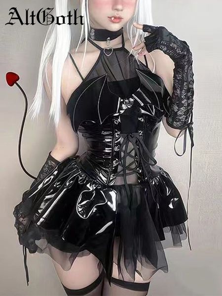 Robes décontractées de base AltGoth Sexy Cosplay Pu Dress Femmes Harajuku Streetwear Grunge Bandage Hollow Out Bats Dress Punk Y2k E-girl Mall Gothic Clothes 230609