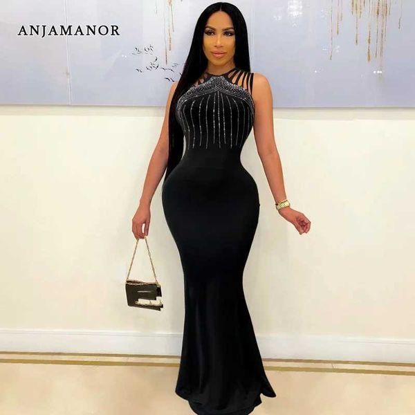 Robes décontractées de base Anjamanor Élégants robes de soirée sexy pour les femmes Party Classy Night Club Sparkle Rhinestone Black Bodycon Maxi Robe D35-DI30 T240507