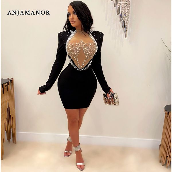 Robes décontractées de base Anjamanor Pearl Mesh Glam Sexy Evening Party Portez des femmes Vêtements 2023 Club de mode Bodycon Robe D42 EA25 230629