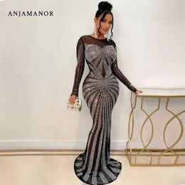 Basic casual jurken Anjamanor Rhinestone Mesh SHR sexy maxi jurken elegant mooie verjaardagsjurk voor vrouwen lange slve avondjurk D35-IF62 T240507