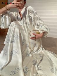 Robes décontractées basiques Aotvotee robe en satin imprimé pour femmes mode printemps élégant lâche lanterne manches col en V robes Chic Vintage robe 230615