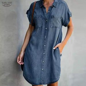 Vestidos casuales básicos Llegada Verano Mujer Vestido de mezclilla Mangas cortas Vestidos sueltos de una palabra Tallas grandes Con cuello en v Vestidos de mezclilla sólidos Vestido camisero 17139 230524