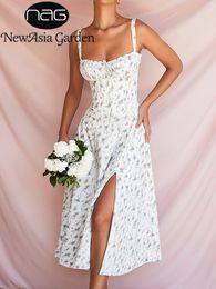 Basic Casual Jurken Azië Bloemen Zomer Jurk Uitgebeend Vastbinden Split Elastiek Met Voering Verstelbare Bandjes Zip Strand Vrouwen Vestido 230619