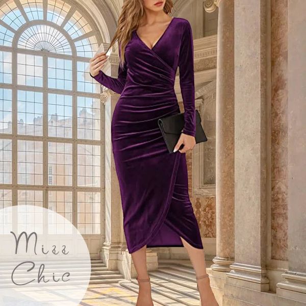 Robes décontractées de base Automne Velours Moulante Violet Robe Midi Femmes À Manches Longues Froncé Slim Fit Robe De Soirée Femme Robe De Cocktail Robes 231110