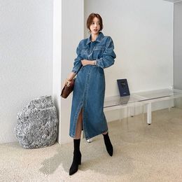 Grundlegende Casual Kleider Herbst Winter Casual Langarm Gewaschen Denim Kleid Frauen Schlanke Taille Hemd Streetwear Mode Jean ES 210529