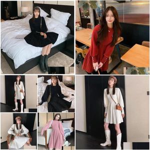 Basis Casual jurken herfst winter gebreide trui jurk vrouwen Koreaans zoete vestidos lange mouw knop plini voor meisjes drop leveren dhlkx