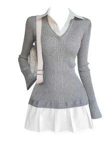 Basic Casual Jurken Herfst Winter Preppy Stijl Nep Twee Stukken Mini Gebreide Shirts Jurk Dames 2023 Gyaru Jaren 2000 Esthetische Vintage Lange Sle One-PieceC24315