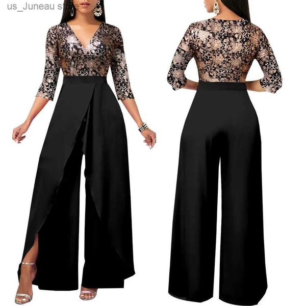 Vestidos casuales básicos Jumpsuit para mujer Autumn V Neck Strtwear Office Lady Wide Leg Fit Regular otoño Rompers 2023 Party Prom Jumpsuits T240412