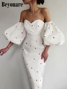Basic casual jurken beyouare elegante dames vintage jurk lantaarn mouw aardbeien print slash nek midden kalf jurken zomer sexy casual vrouwelijk 230517