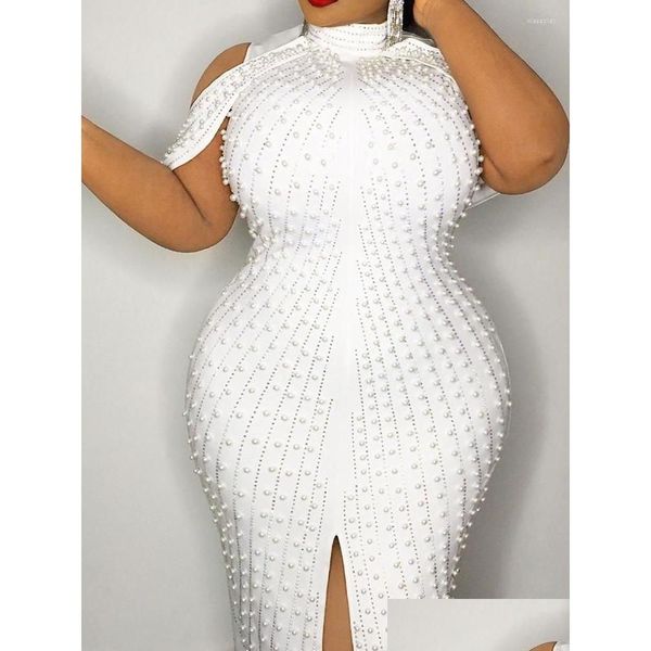 Robes décontractées de base grande taille Blanc Perge Party Robe Bodycon y Mock Collar au large du genou de la longueur du genou anniversaire de printemps pour Dro Dh0pd