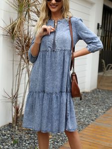 Basic Casual Jurken Zwarte Jurk Dames Lente Zomer Imitatie Denim Vintage Effen Vrouwelijke Mode Blauw Knielengte Oneck Kleding 230609