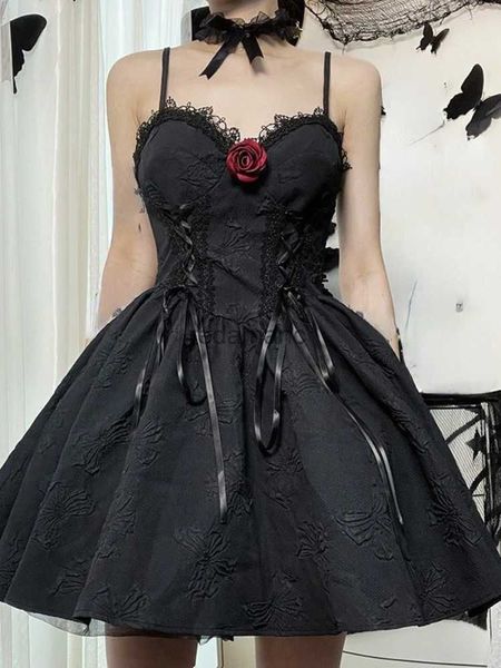 Vestidos casuales básicos Vestido de lolita de estilo japonés negro Impresión de mujeres Mini vestido de fiesta dulce vintage Mujer con cordones Diseñador Vestido de correa sexy 2023 YQ231218