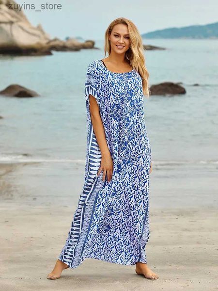 Robes décontractées de base Robe de plage de Kaftan Long Kaftan imprimé en bleu Femme 2024 Summer Beachwear Loose Batwing Gan à manches Robes Q642 L49