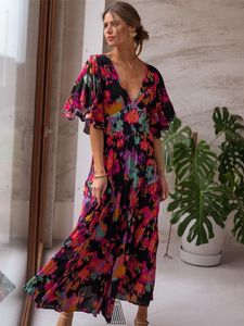 Robes décontractées basiques Bohême Imprimer Manches Papillon Vintage Maxi Dress Pour Femmes Casual Col En V Dos Nu Robe D'été Femme Beach Holiday Party Dress 230719