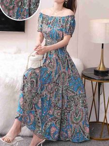 Basis Casual jurken Boheems strand Midi Jurk Floral Paisley Print Off Shoulder O-Neck Elastische taille losse elegante chique jurk jeugdige vrouwenkleding