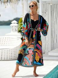 Basis Casual jurken Boheemse bedrukte riem kimono plus size batwing mouw jurk zomer herfst 2023 vrouwen losse strandkleding zwempak deksel sarong Q1 YQ240402