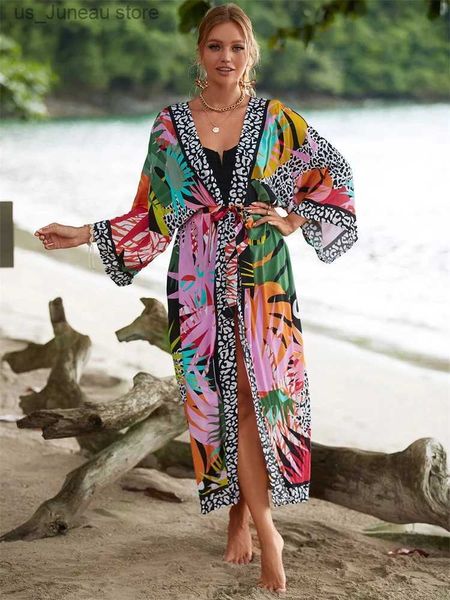 Robes décontractées de base Bohemian imprimées plus taille batwing slve ceinture longs kimono robes été 2024 femmes couverture de maillot de natation de la plage en vrac Q1512 T240412