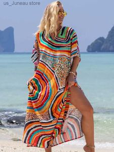 Robes décontractées de base Bohemian Seaside Plus taille imprimé Kaftan Long Robe Sexy V couche V Loose Robe Femme 2024 Summer Beachwear Swimsuit Cover-ups Q1415 1 T240412