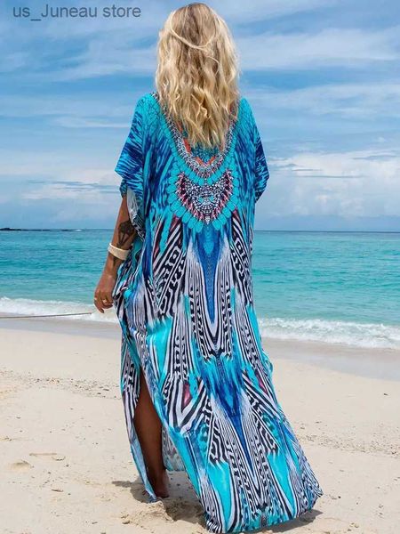 Robes décontractées de base Bohemian Seaside Plus taille imprimé Kaftan Long Robe Sexy V couche V Loose Robe Femme 2024 Summer Beachwear Swimsuit Cover-ups Q1415 T240415