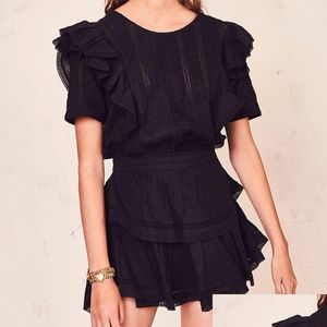Basis Casual jurken Boho geïnspireerd Zwarte mini -jurk feestje katoen met kort mouw gelaagde chique zomer zoete vrouwen za dames drop dhvng