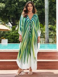 Robes décontractées de base boho plus taille femme vêtements grn plante feuille imprimée kaftans plage wuste robe fente sarong de bain d'automne couverture Q1588 T240412
