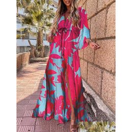 Basic Casual Jurken Boho Print Maxi Jurk Voor Vrouwen Bikini Er Ups Zomer Boheemse Strand Zonnejurk Sexy Bloemen Tuniek Lange vestido F Dhbn2