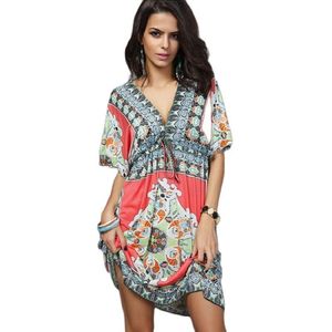 Basic Casual Jurken Boho Stijl Zomer Vrouwen Jurk Sexy Overgooiers Etnische Print Tuniek Strandjurken Plus Size Casual Zijden Kleding 230719