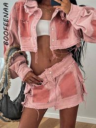 Robes décontractées de base BOOFEENAA Ensemble de jupe 2 pièces rose Veste en jean colorblock Mini Baddie Vêtements Y2k Streetwear Jean Outfit Automne 2023 C87ACB89 231122