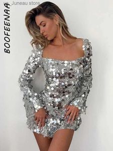 Basic Casual Jurken BOOFNAA Luxe Pailletten Zilveren Korte Feestjurken Dames Sexy Backless Lange Slve Korte Jurk Sparkle Club Outfits C69-GZ30 T240330