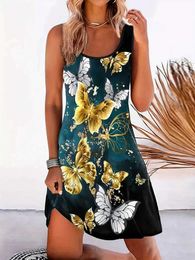 Basic Casual Dresses Butterfly print exclusive neckline vest dress casual sleeveless vest dress Bohemian beach dress loose fitting dress womens dress Q240430