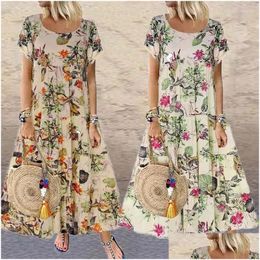 Vestidos casuales básicos Vestidos casuales Mujeres Vintage Floral Vestido largo Verano Boho Manga corta suelta Mujer Playa Vacaciones Elegante Par Dhfuh