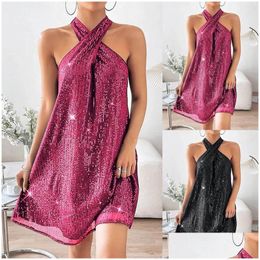 Robes décontractées de base Robes décontractées Femmes Halter Sequin Lâche Robe sans manches Mode Une ligne Vintage Off Shoder Drop Livraison Appa Otv6H