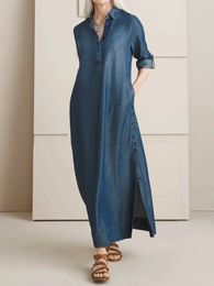 Basic Casual Jurken Casual Effen Revers Kraag Roll Tab Sle Split Maxi Shift Jurk voor Dames Vintage Rechte A-lijn Zakken Denim Lange JurkC24315