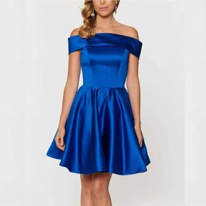Basis Casual jurken goedkope korte satijnen afstuderen Mini van de schouder Royal Blue Prom jurk avondjurken A-lijn bruidsmeisje feestjurk T240510