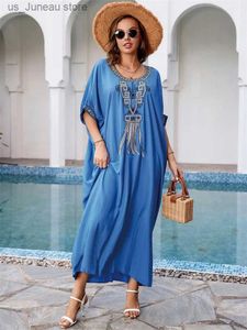 Basic casual jurken chique blauwe o-neck borduurrand kaftan jurken voor vrouwen strandkleding 2024 zomer herfst retro gewaad losse huisjurk Q1585 T240412