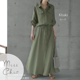 Vestidos casuales básicos Chic verde oscuro Maxi camisa vestido cuello vuelto botón cinturón delgado largo damas streetwear 2023 mujeres ropa de otoño 231207