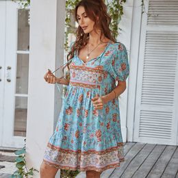 Basic Casual Jurken Chique Elegante Zomer Dres 2023 Bohemian Leisure Resort Style Vrouwelijke Jurk Gefragmenteerde Korte Mouw Rok Bloemen Maxi Dames 230612