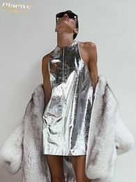 Robes décontractées de base Clacive Bodycon Sliver Pu Cuir Robe Femme 2023 Été O Cou Sans Manches Mini Streetwear Classique Feamle Robe 230822