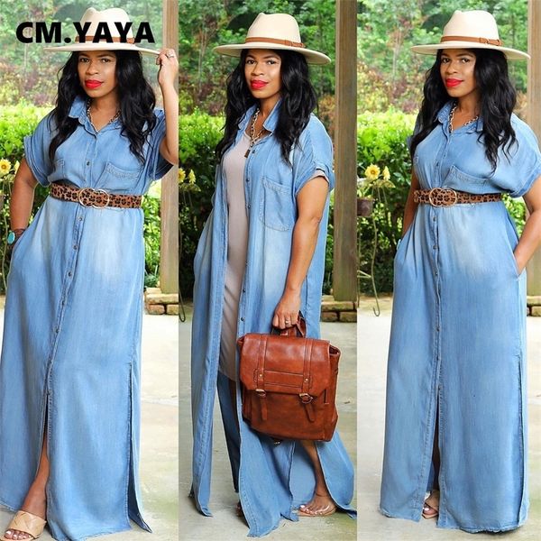 Vestidos casuales básicos CM YAYA Vintage Mujer Denim Single Breasted Manga corta Turn down Collar Maxi Long Straight Shirt Dress Vestidos 230718