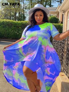 Robes décontractées basiques CM.YAYA Femmes Plus Size Sweatsuit High Streetwear Shorts et Tie Dye Dress T-shirt Matching Two 2 Piece Set Survêtement Outfits 230707